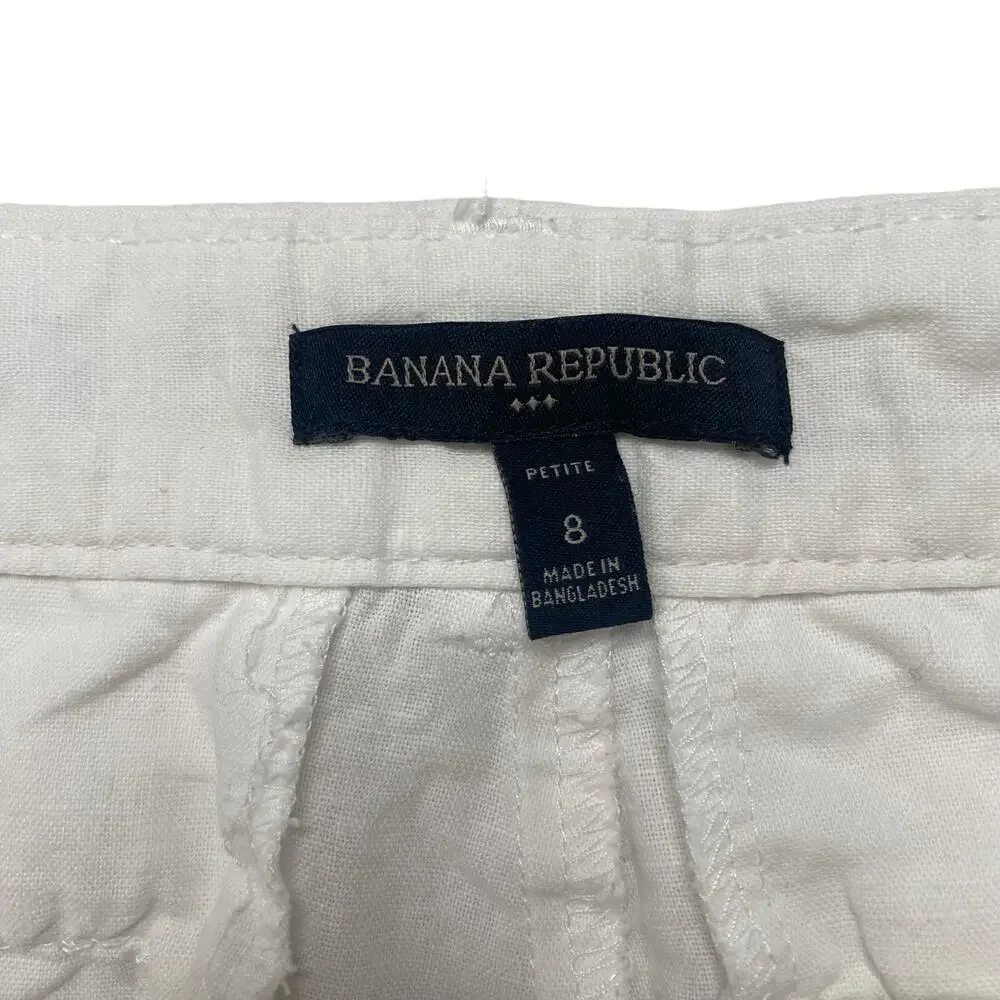 BANANA REPUBLIC White Linen Blend Crop Straight Leg Pants Size 8 Petite Coastal
